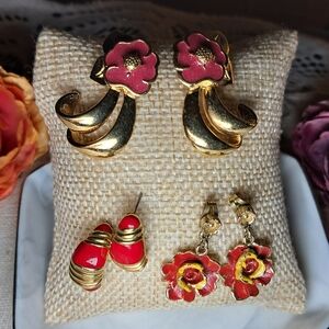 Red Floral Enamel Earring Bundle (Goldtone)